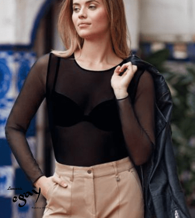 Camiseta de Tul Negra Manga Larga con Escote Barco - Janira - Lencería Egay"